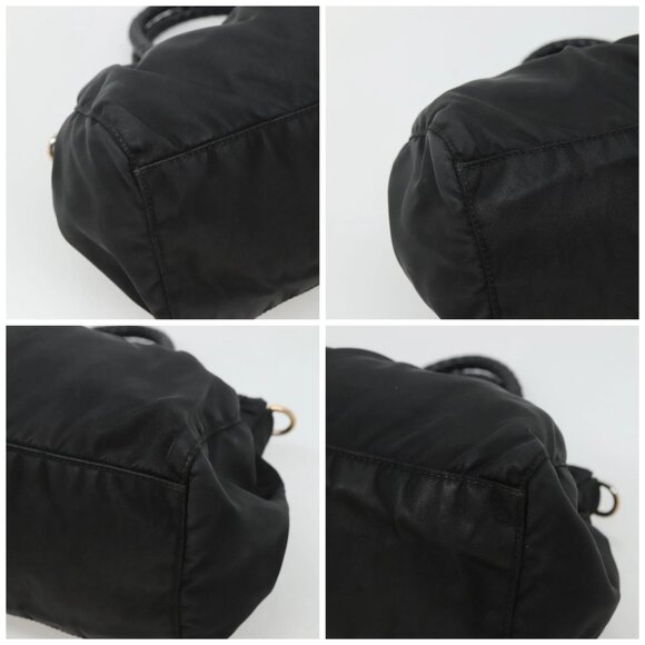 PRADA ribbon Hand Bag Nylon Leather 2way Black Gold Auth ki5666 - Picture 16 of 16